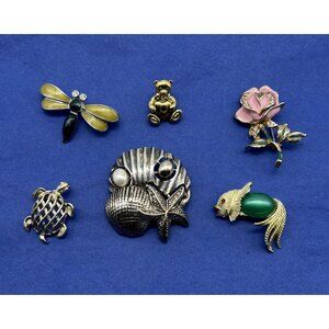 Lot of Six Vintage Brooches Pins Animals/Shells/Floral by Gerry's Camco Unmarked